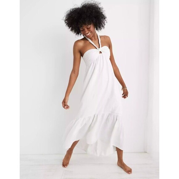 Aerie Sz XL Braided Halter Maxi Sundress White Smocked High Low Linen Blend NWT - Picture 1 of 16
